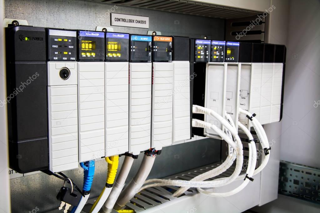 Legacy PLCs connected inside an industrial control cabinet